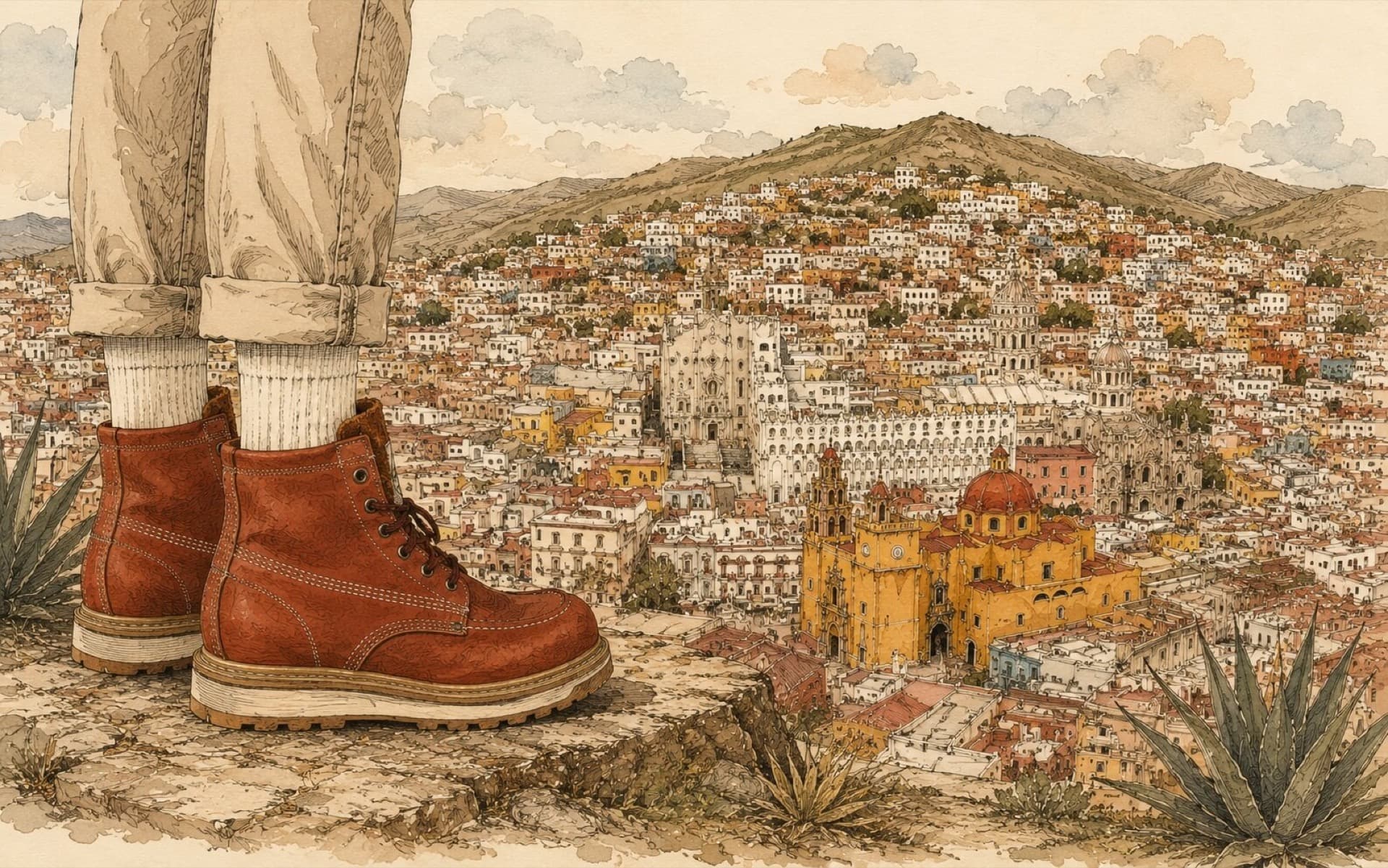 Botas Mr. Sosa ilustradas frente a Guanajuato, México