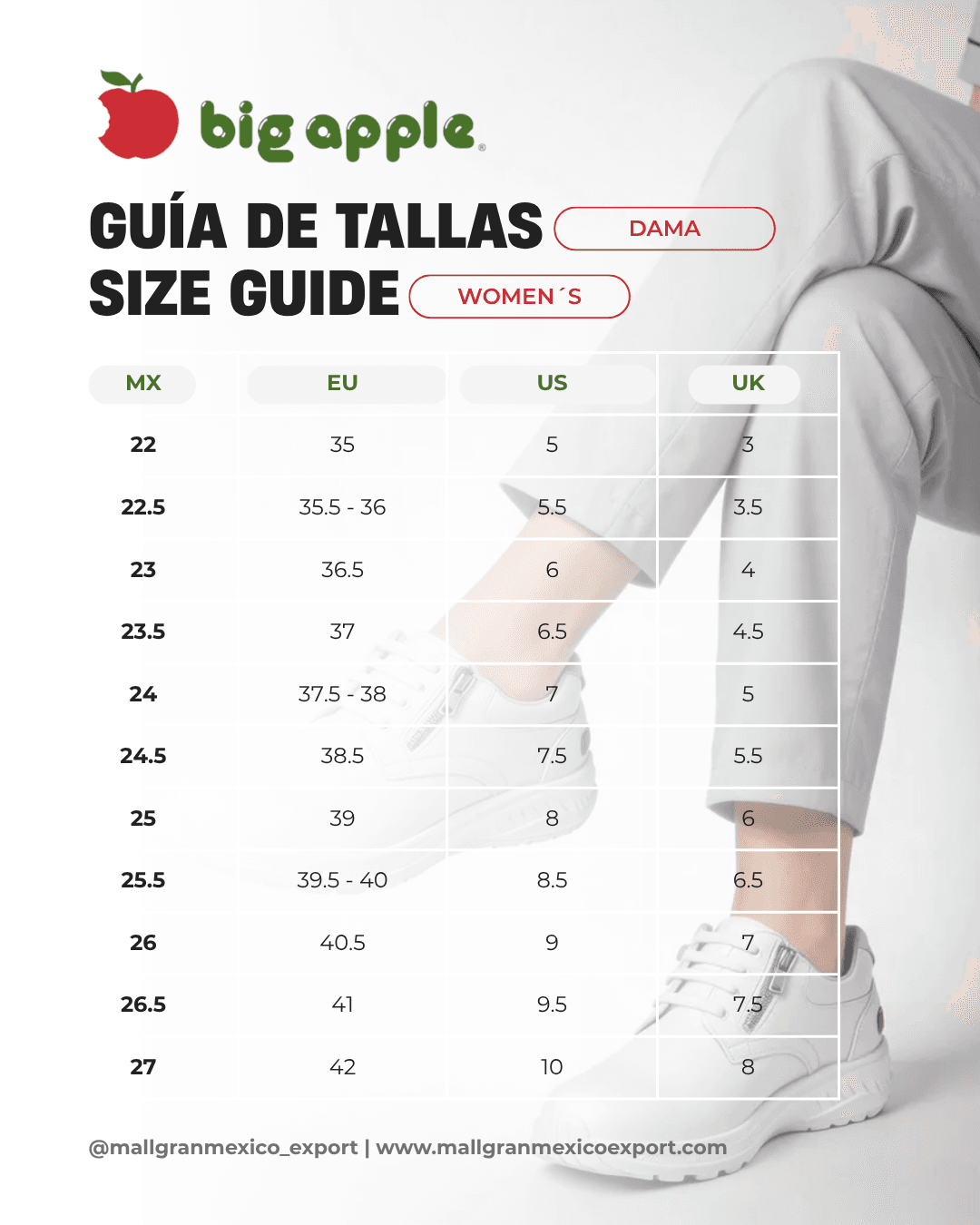 GUÍA DE TALLAS BIG APPLE DAMA / SIZE GUIDE BIG APPLE WOMEN´S