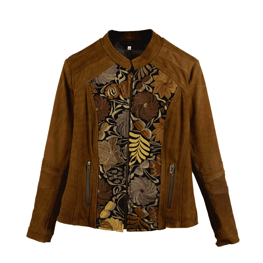 Chamarra café con detalles artesanales