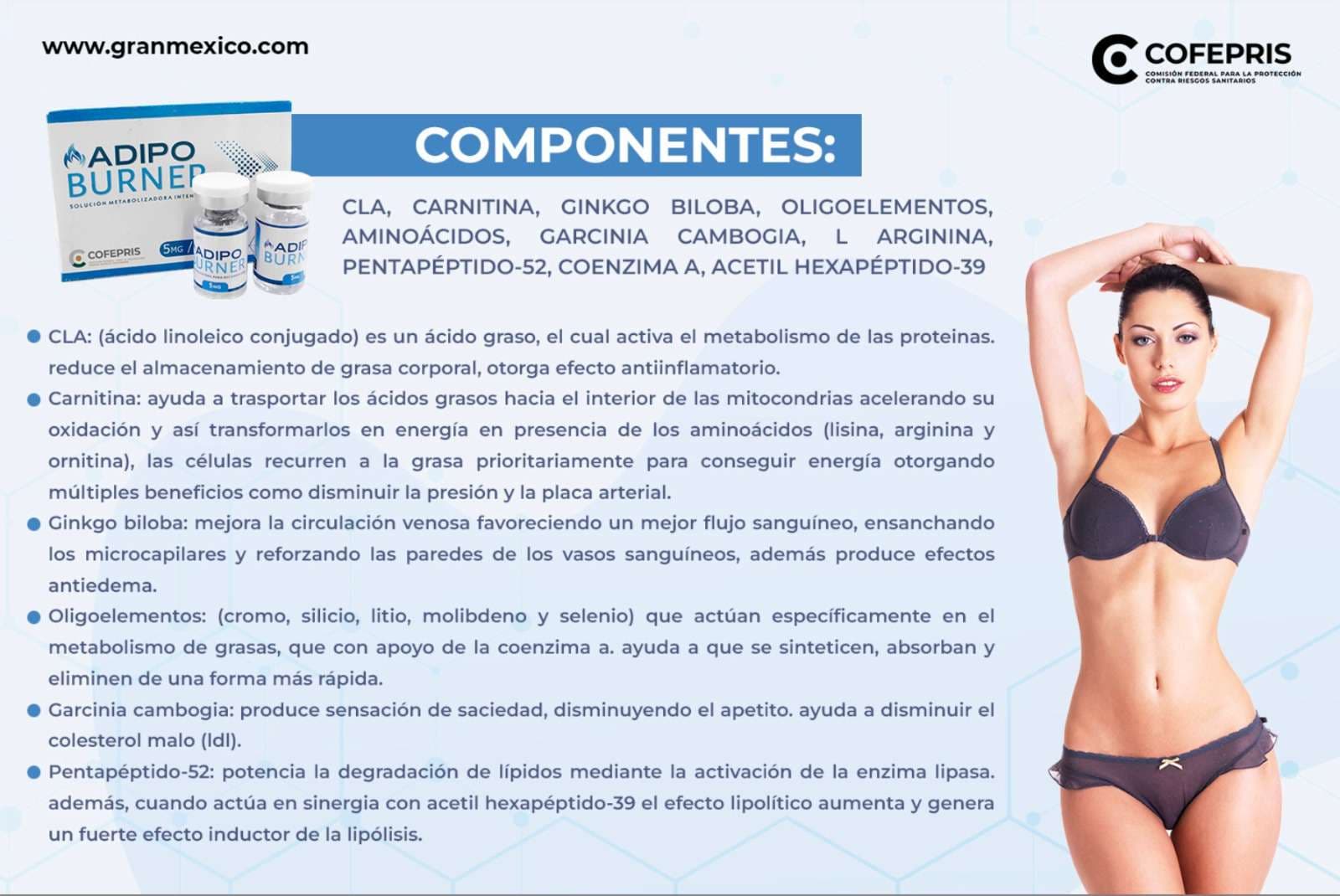 Vacuna antiobesidad Adipo Burner, sus componentes activos como aminoácidos, vitaminas y l-carnitina. beneficios como pérdida de peso, control del apetito y mejora metabólica.