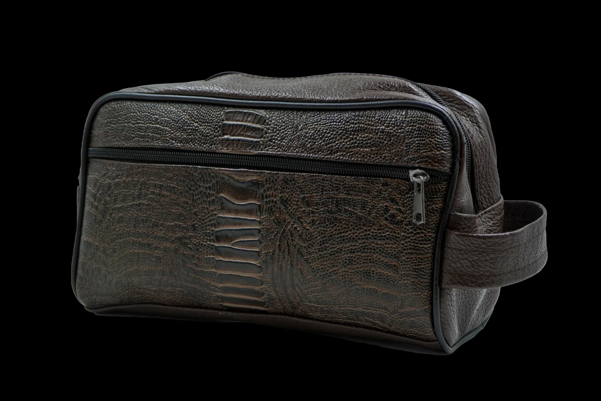 Men's Brown Crocodile-Embossed Pebbled Leather Toiletry Bag