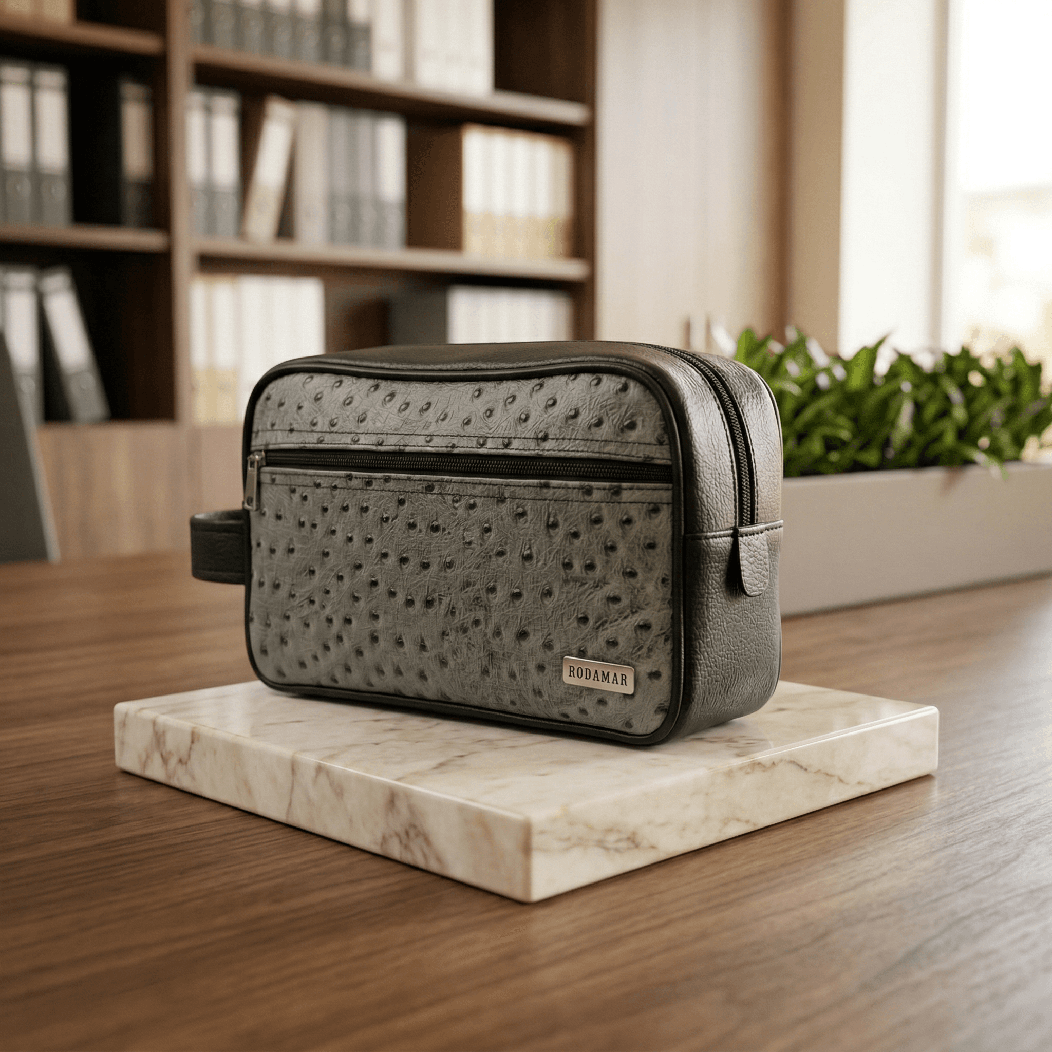 Men's Pebble Grain Leather Toiletry Bag with Ostrich Leg Print