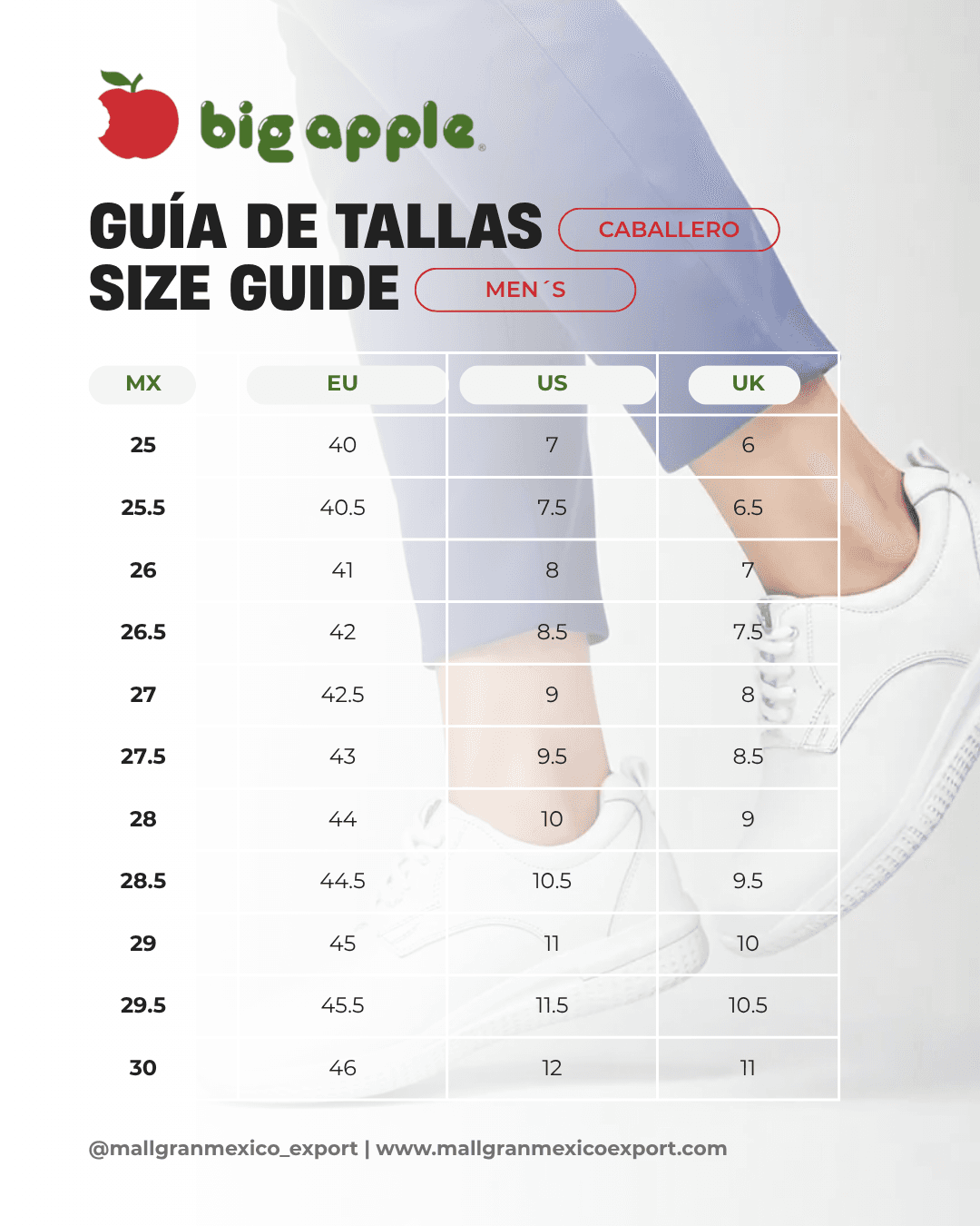 GUÍA DE TALLAS BIG APPLE CABALLERO / SIZE GUIDE BIG APPLE MEN´S