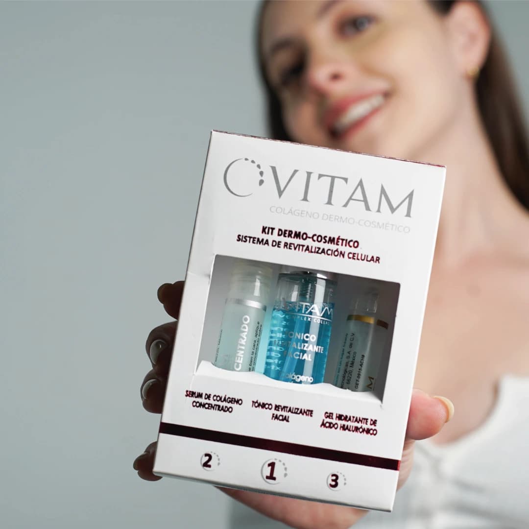 Paquete de Viaje Colageno rutina Diaria vitam de venta en el mall gran méxico export kit de viaje.VITAM marca de cosmeceuticos mexicanos